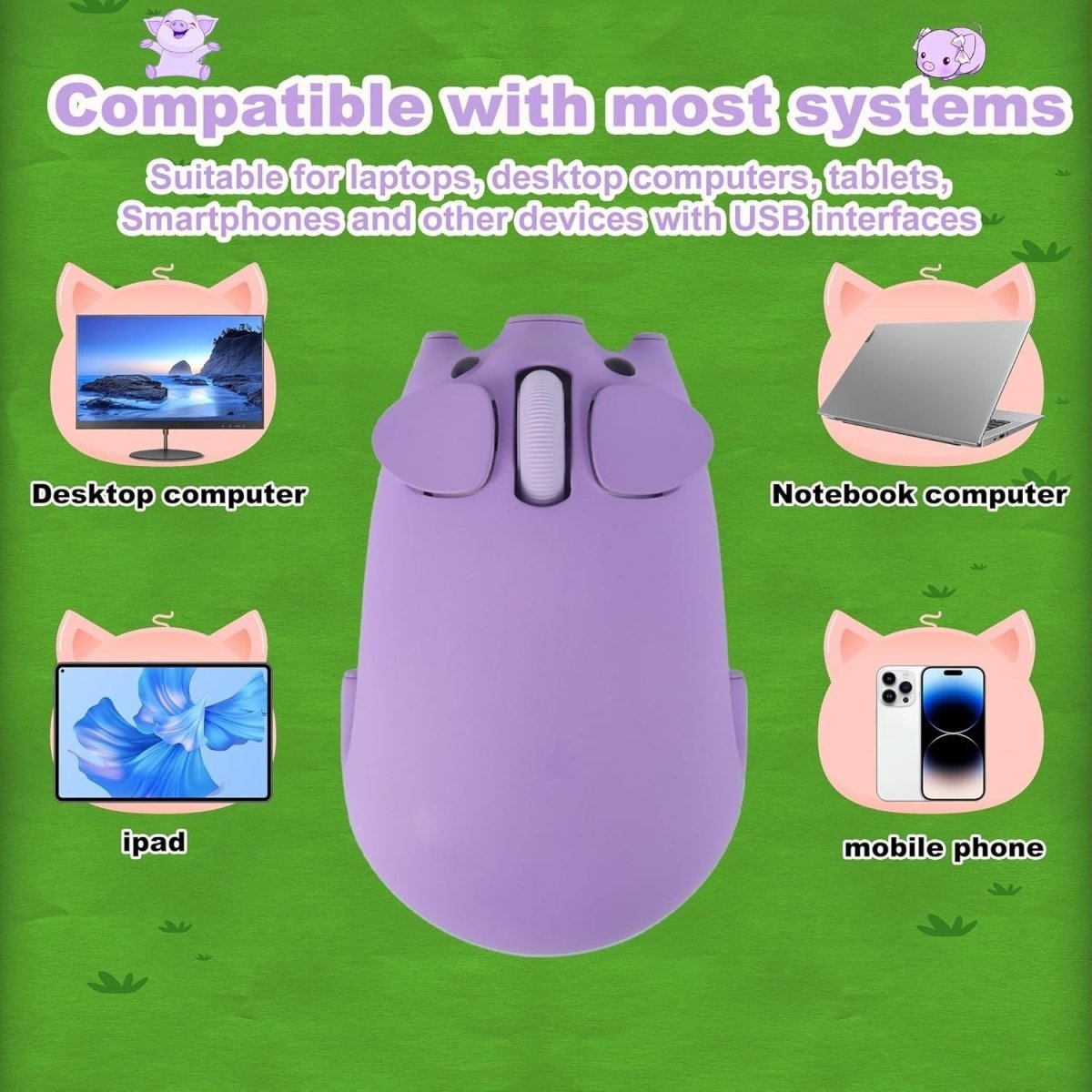 Purple Pig Wireless Mouse Bluetooth 5.1 2.4G Silent 1200DPI - Kwikley