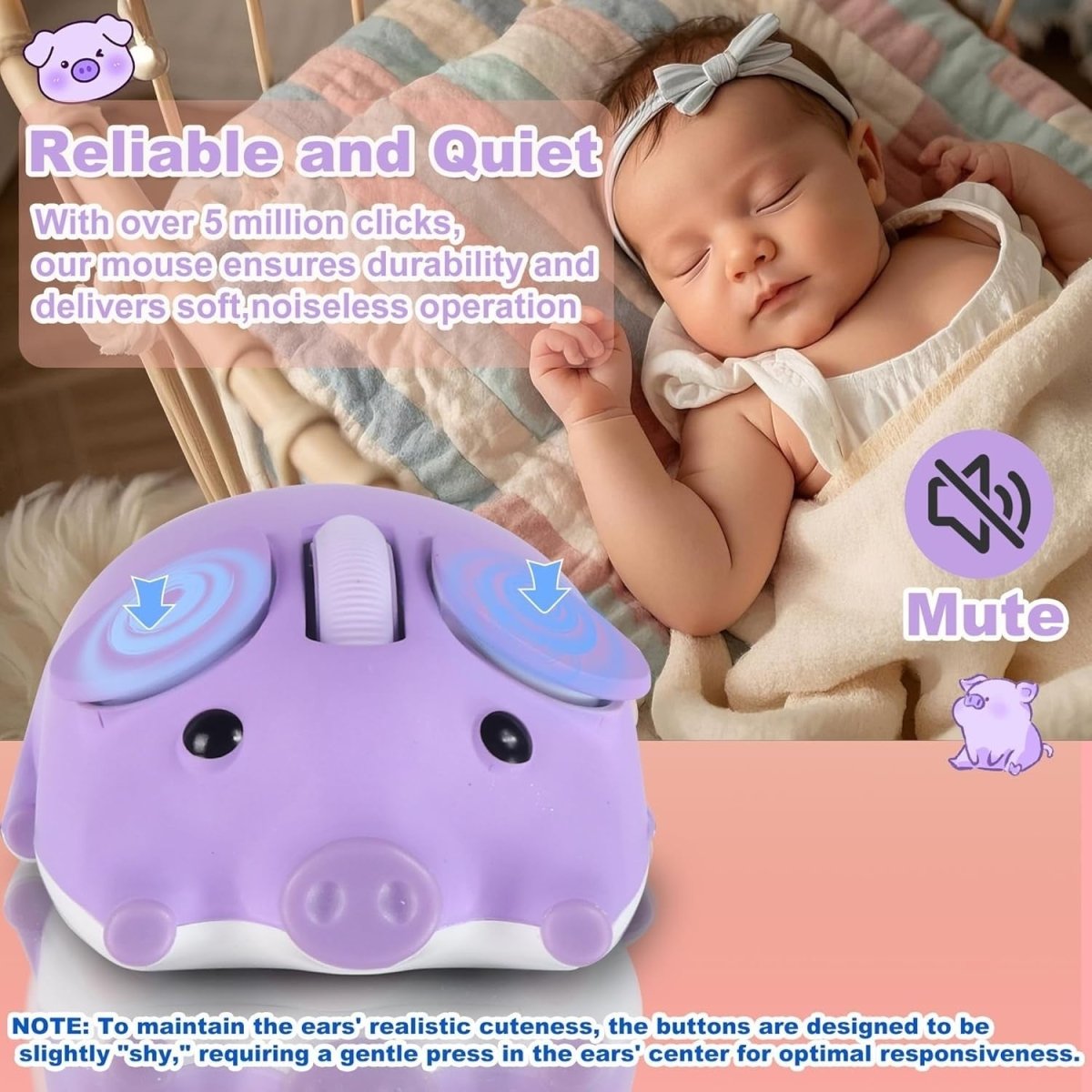Purple Pig Wireless Mouse Bluetooth 5.1 2.4G Silent 1200DPI - Kwikley