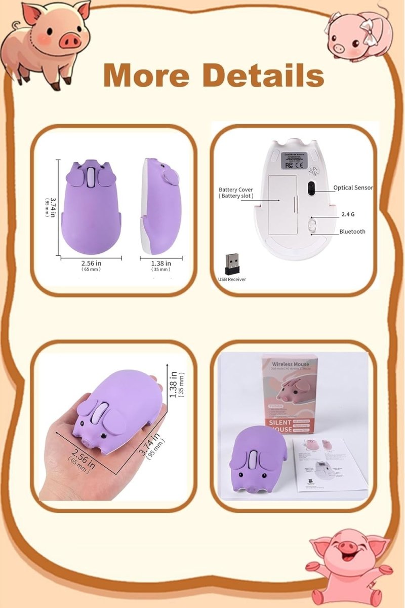 Purple Pig Wireless Mouse Bluetooth 5.1 2.4G Silent 1200DPI - Kwikley