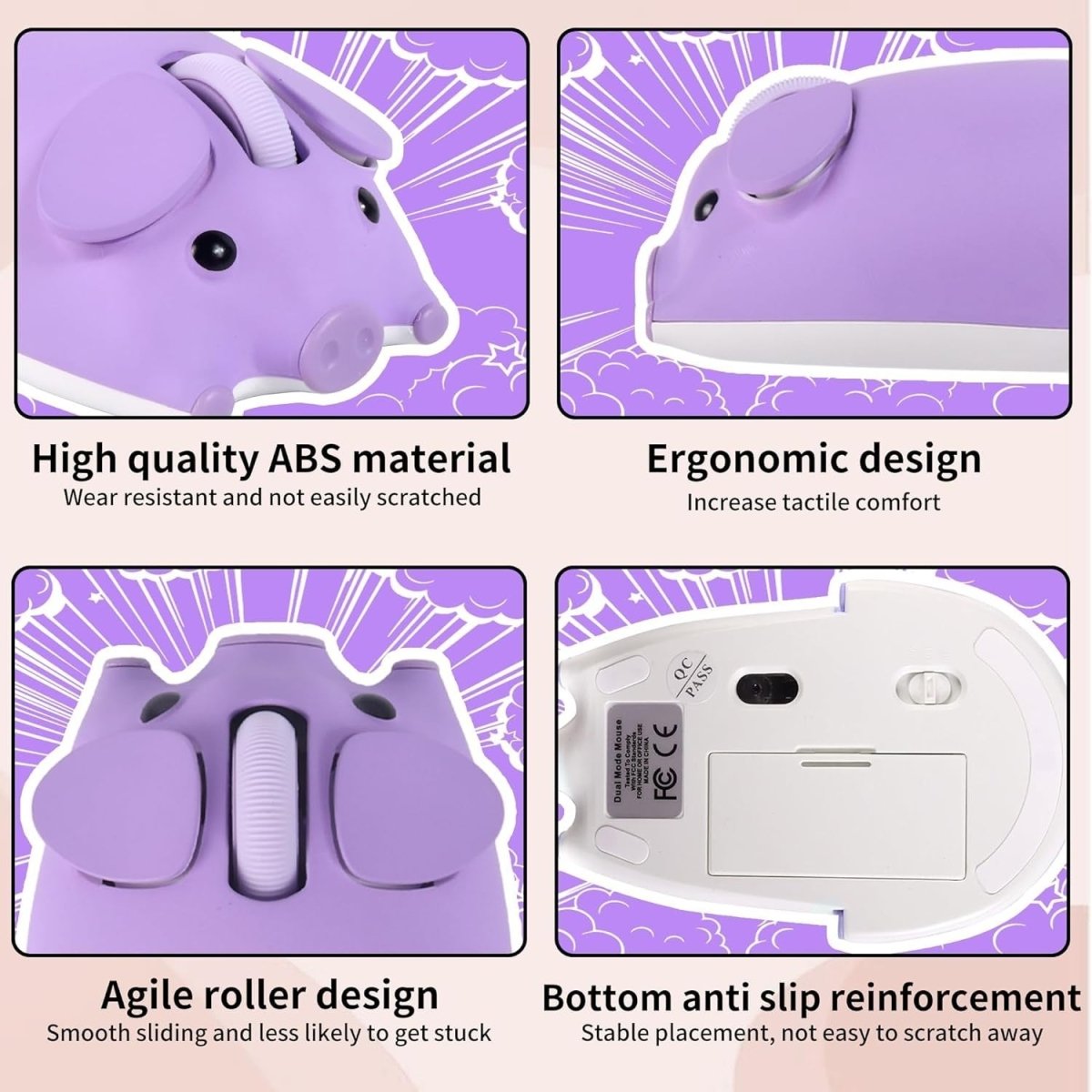 Purple Pig Wireless Mouse Bluetooth 5.1 2.4G Silent 1200DPI - Kwikley