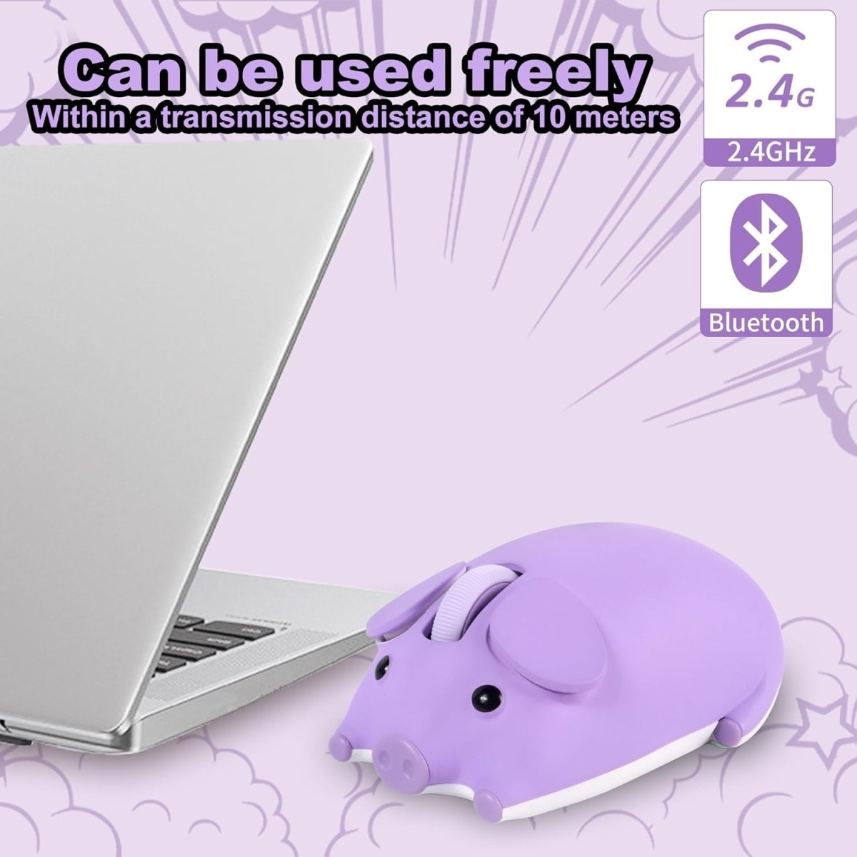 Purple Pig Wireless Mouse Bluetooth 5.1 2.4G Silent 1200DPI - Kwikley