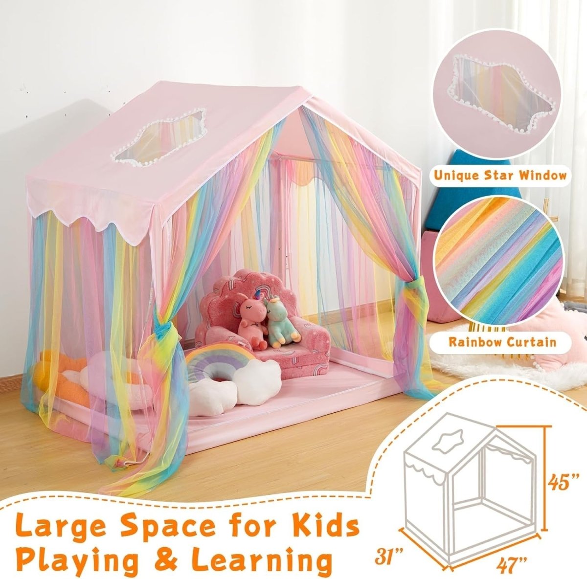 Rainbow Princess Kids Play Tent Indoor Outdoor Castle w Star Window - Kwikley