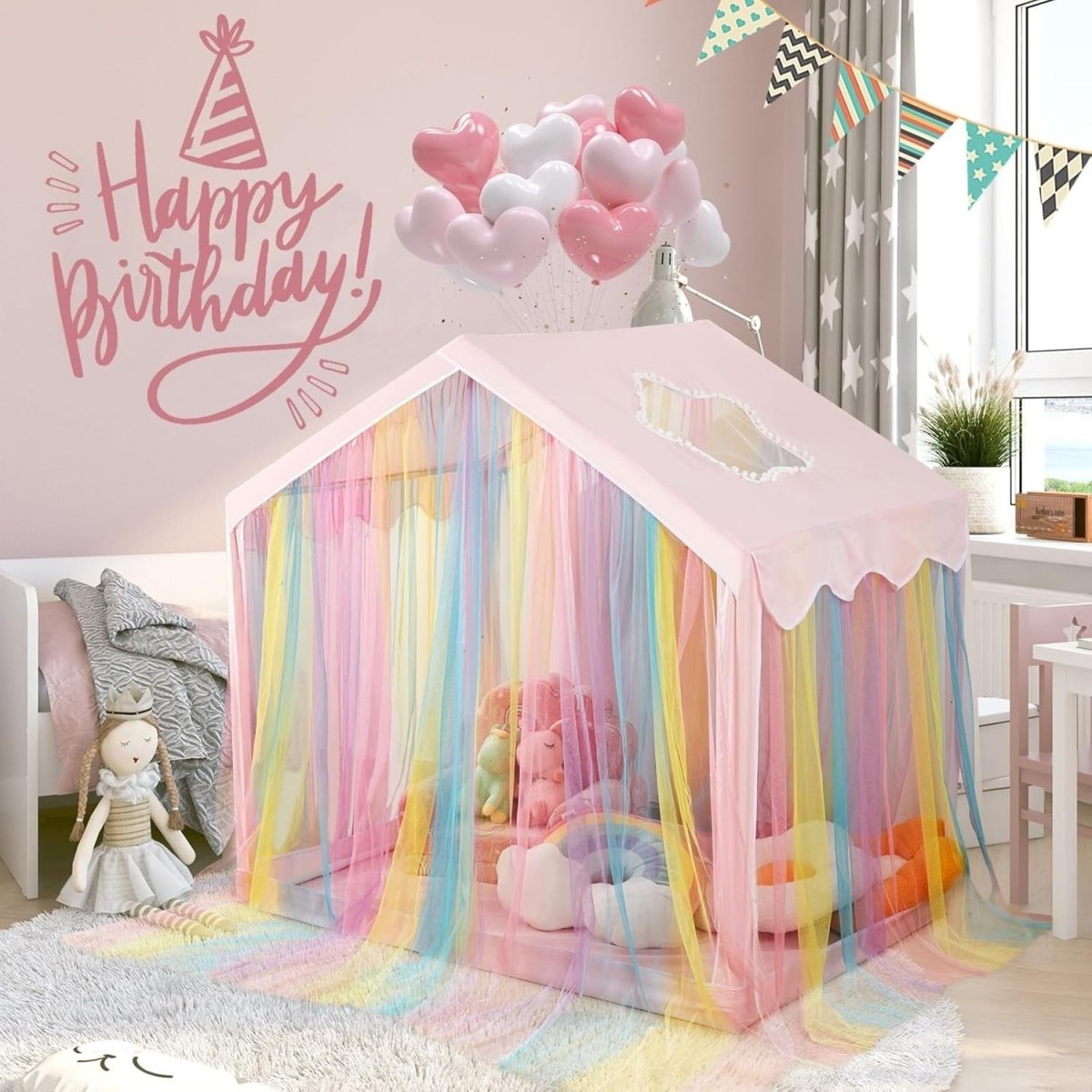 Rainbow Princess Kids Play Tent Indoor Outdoor Castle w Star Window - Kwikley