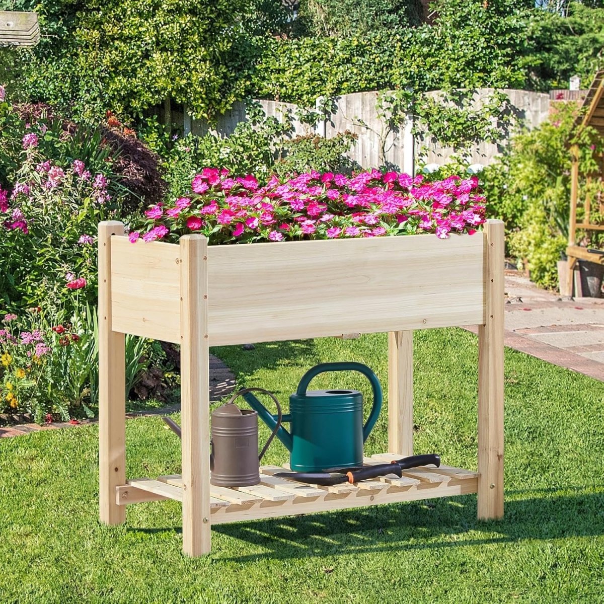 Raised Garden Bed Wooden Planter 2 Tier with Shelf Vegetable Herb Box - Kwikley