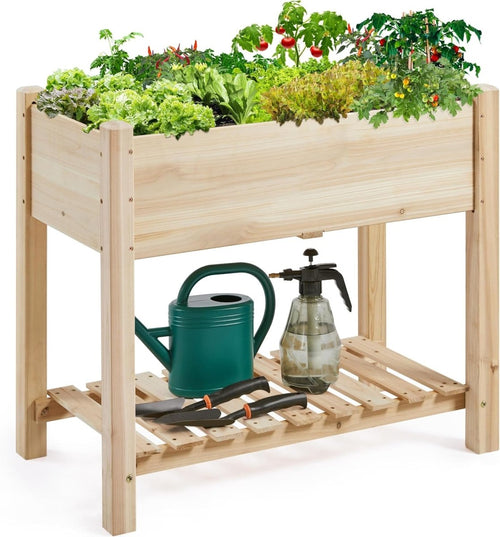 Raised Garden Bed Wooden Planter 2 Tier with Shelf Vegetable Herb Box - Kwikley
