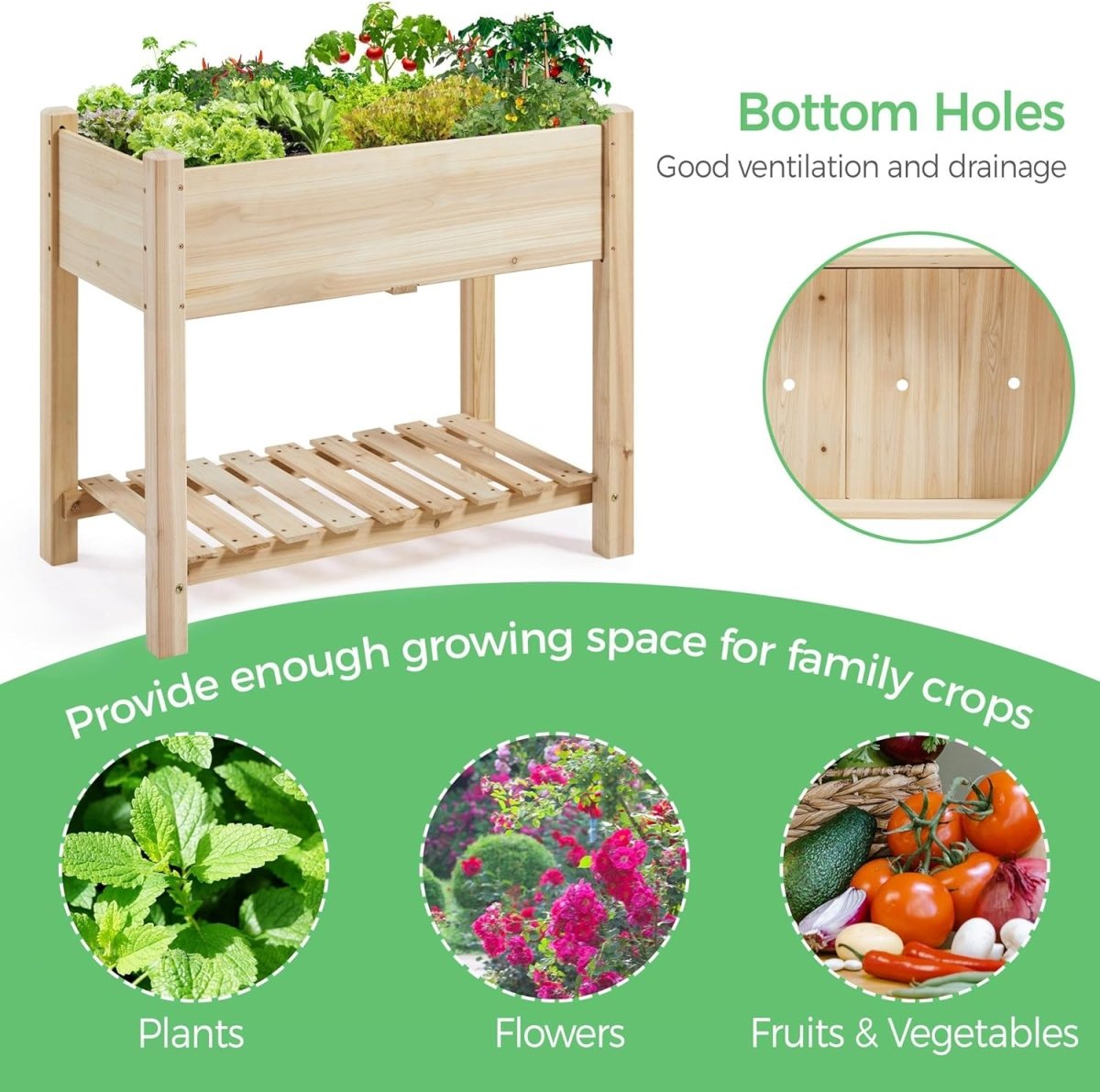Raised Garden Bed Wooden Planter 2 Tier with Shelf Vegetable Herb Box - Kwikley