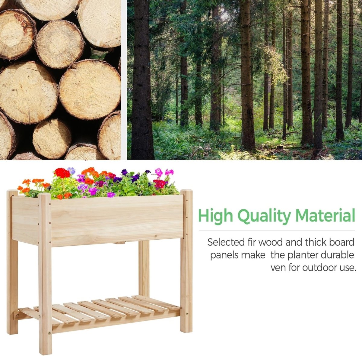 Raised Garden Bed Wooden Planter 2 Tier with Shelf Vegetable Herb Box - Kwikley