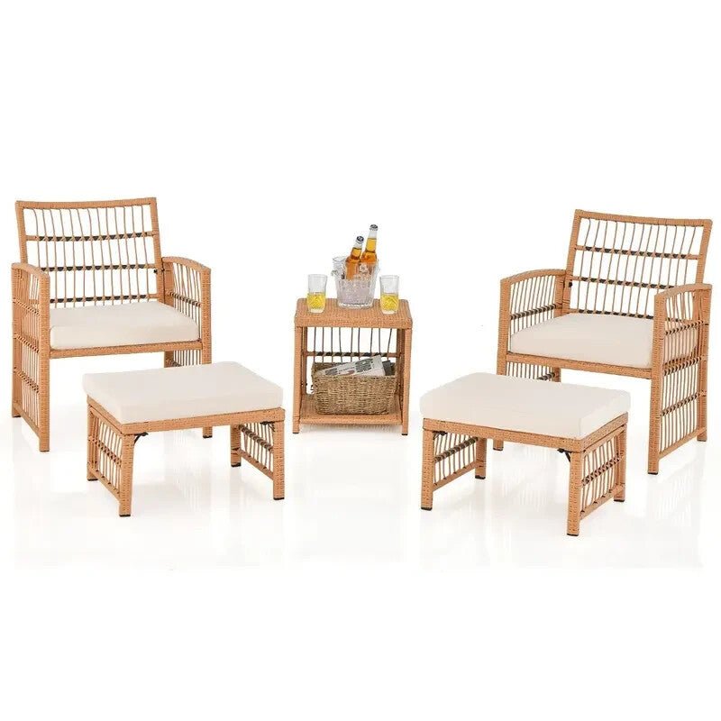 Rattan 5 - Piece Patio Chat Set w/ Cushions, Chairs Ottomans & Side Table Garden - Kwikley