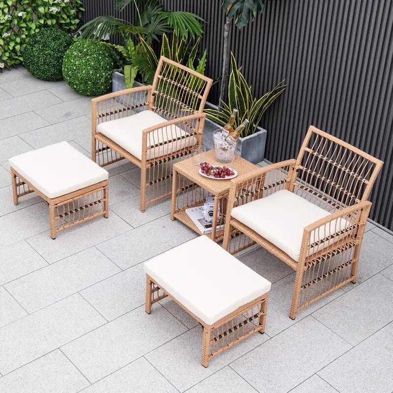 Rattan 5 - Piece Patio Chat Set w/ Cushions, Chairs Ottomans & Side Table Garden - Kwikley