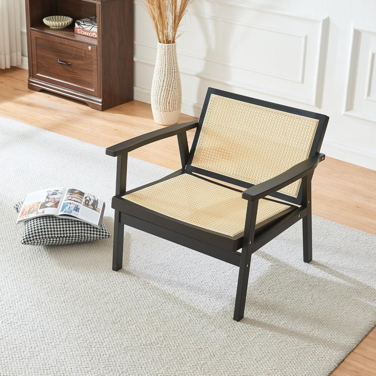 Rattan Accent Armchair Walnut Wood Frame Padded Seat Lounge Chair - Kwikley