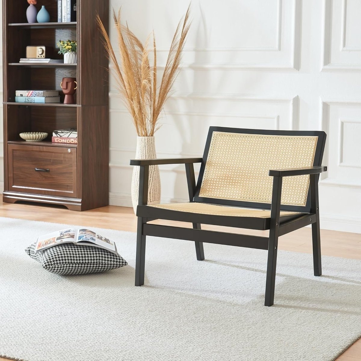 Rattan Accent Armchair Walnut Wood Frame Padded Seat Lounge Chair - Kwikley