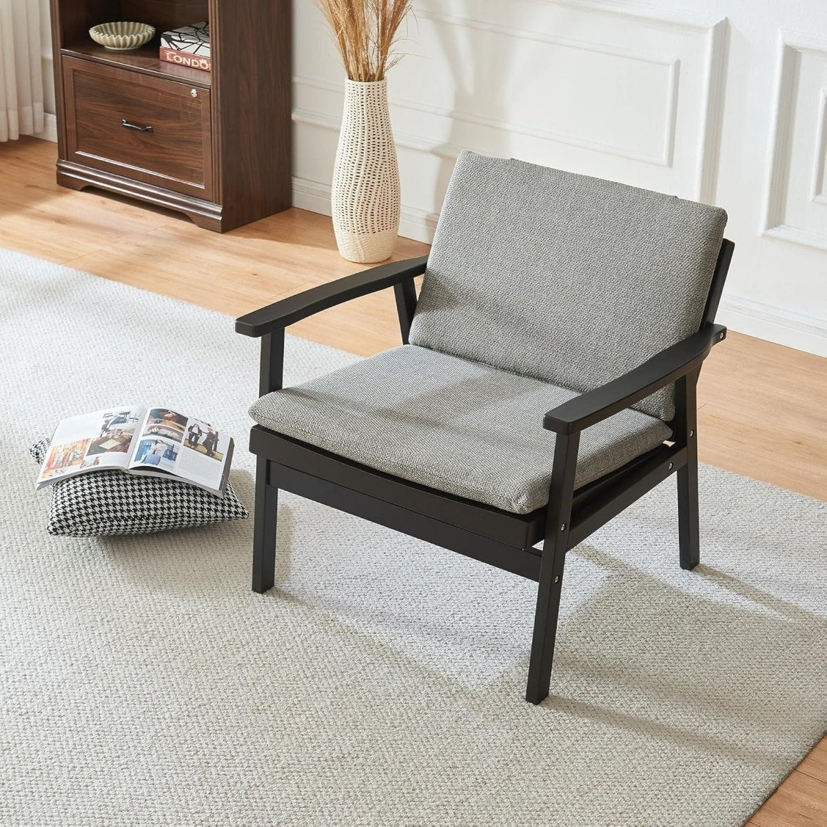 Rattan Accent Armchair Walnut Wood Frame Padded Seat Lounge Chair - Kwikley