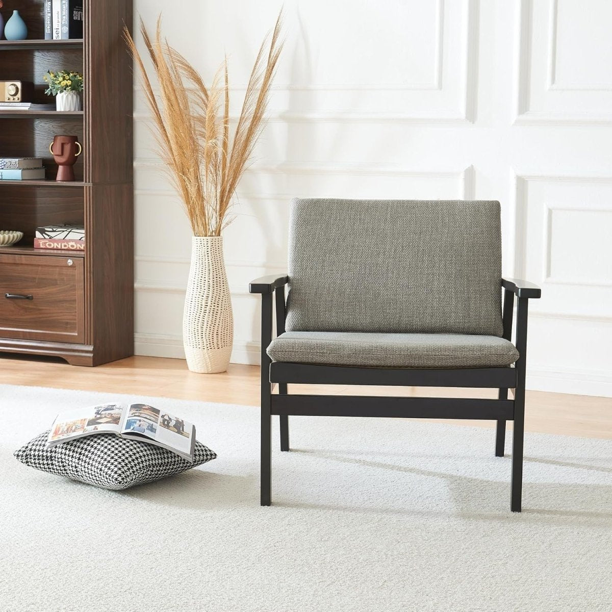 Rattan Accent Armchair Walnut Wood Frame Padded Seat Lounge Chair - Kwikley