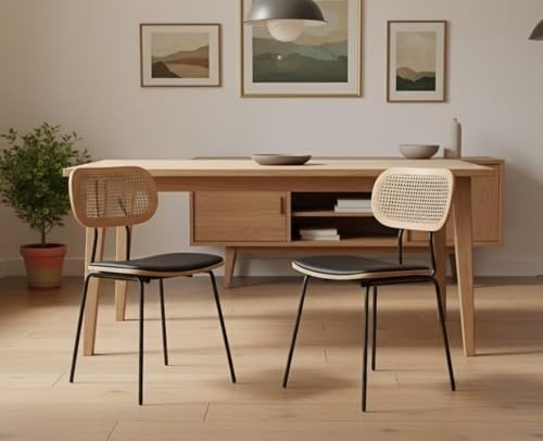 Rattan Dining Chairs Set of 2 Black Metal Legs Kitchen & Living Room - Kwikley