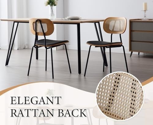 Rattan Dining Chairs Set of 2 Black Metal Legs Kitchen & Living Room - Kwikley