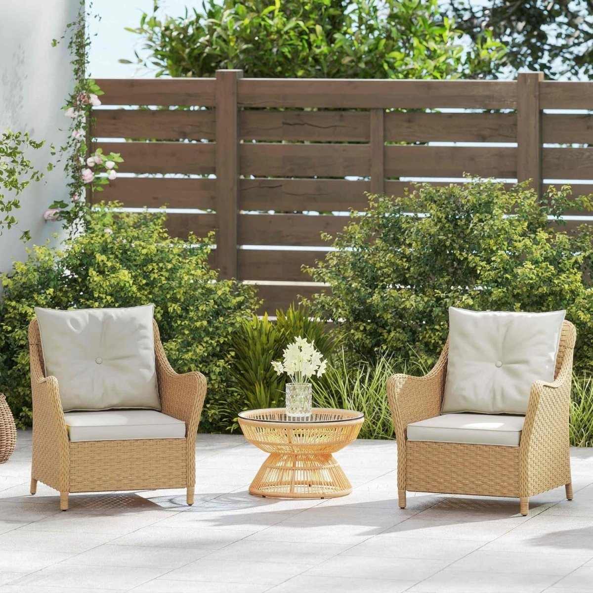 Rattan Garden Chairs Set of 2 with Cushions Outdoor Patio Balcony Armchairs - Kwikley