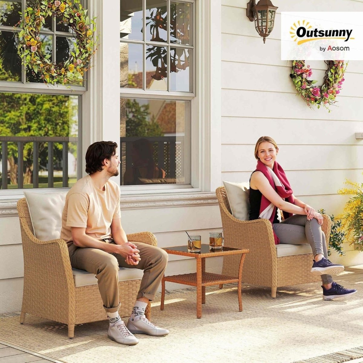 Rattan Garden Chairs Set of 2 with Cushions Outdoor Patio Balcony Armchairs - Kwikley