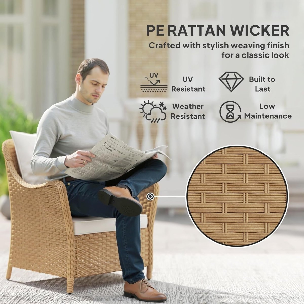 Rattan Garden Chairs Set of 2 with Cushions Outdoor Patio Balcony Armchairs - Kwikley