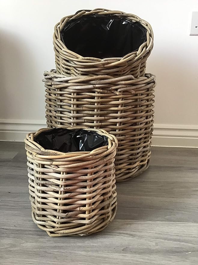 Rattan Planter Baskets Set 3 Plastic Lined Indoor Outdoor Pots - Kwikley