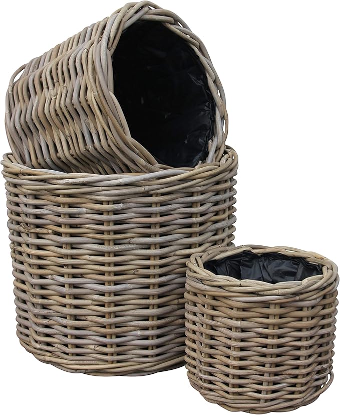 Rattan Planter Baskets Set 3 Plastic Lined Indoor Outdoor Pots - Kwikley