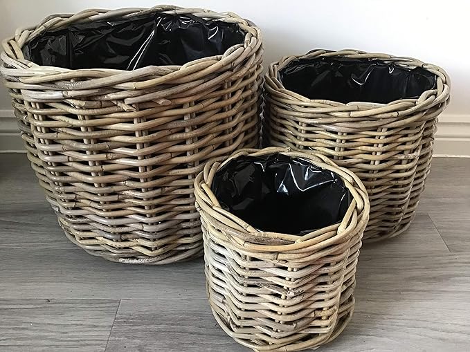 Rattan Planter Baskets Set 3 Plastic Lined Indoor Outdoor Pots - Kwikley