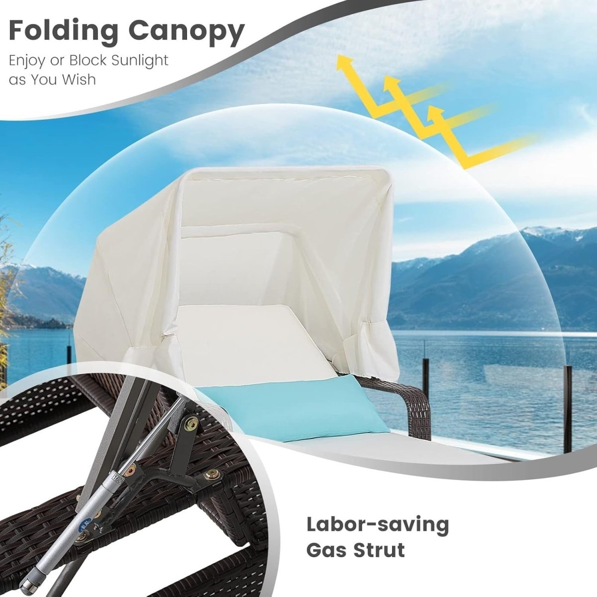 Rattan Sun Lounger with Canopy & Side Table, 6 - Position Recliner Chair - Kwikley