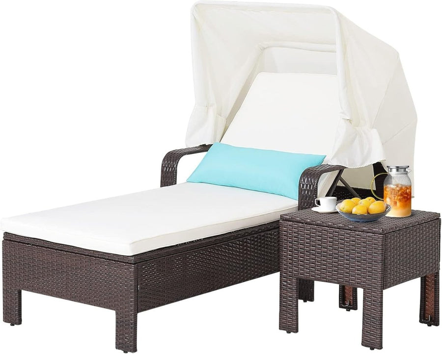 Rattan Sun Lounger with Canopy & Side Table, 6 - Position Recliner Chair - Kwikley