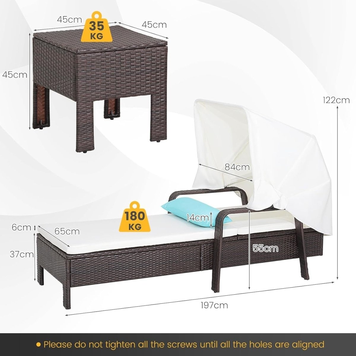 Rattan Sun Lounger with Canopy & Side Table, 6 - Position Recliner Chair - Kwikley