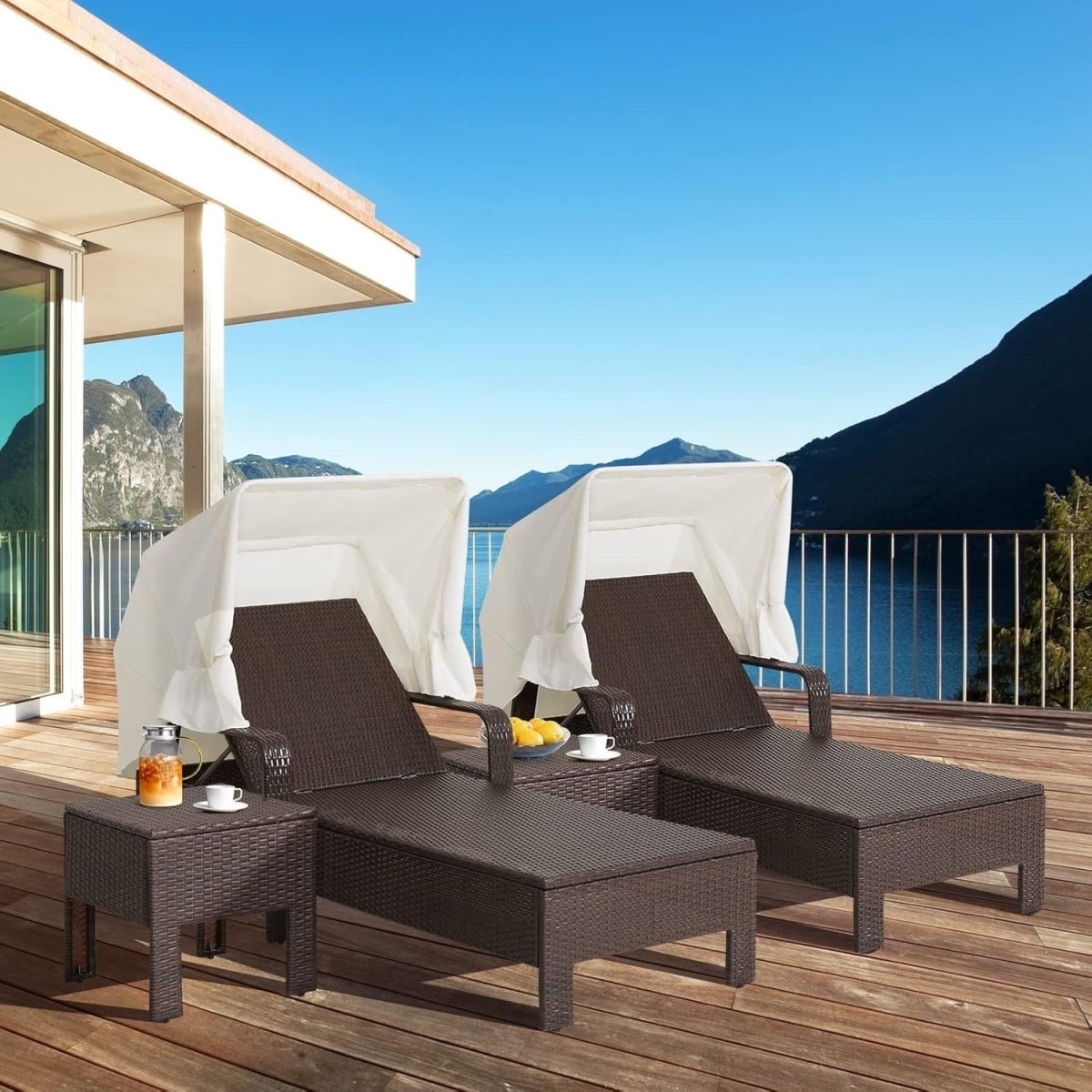 Rattan Sun Lounger with Canopy & Side Table, 6 - Position Recliner Chair - Kwikley