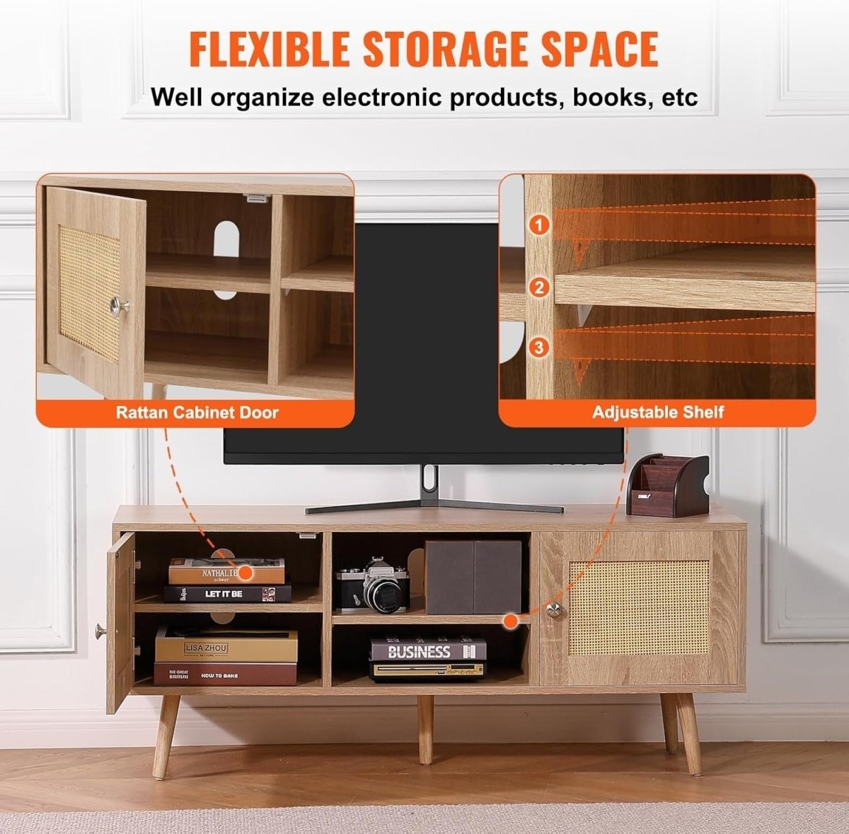 Rattan TV Stand 55" Mid Century Modern Oak Cabinet w/ Storage Shelves - Kwikley