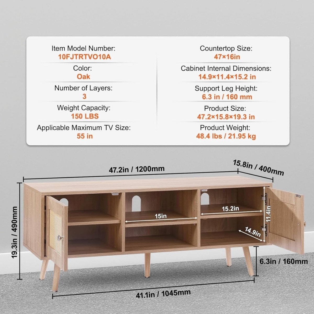 Rattan TV Stand 55" Mid Century Modern Oak Cabinet w/ Storage Shelves - Kwikley