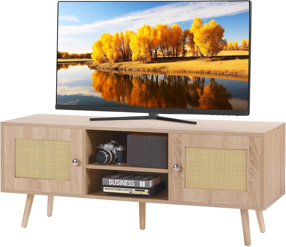 Rattan TV Stand 55" Mid Century Modern Oak Cabinet w/ Storage Shelves - Kwikley