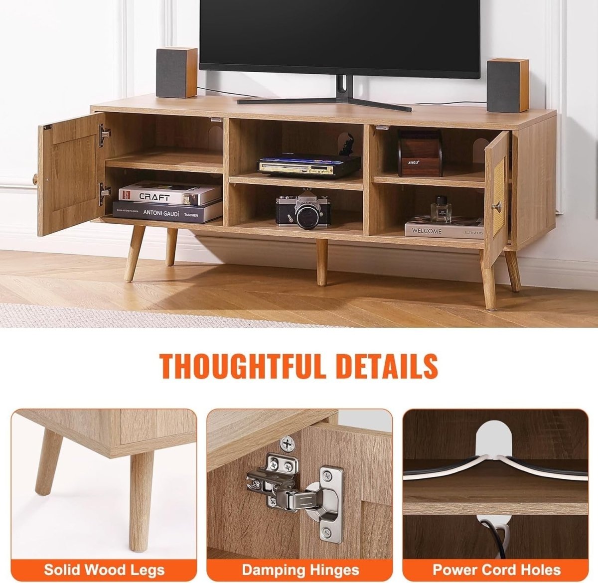 Rattan TV Stand 55" Mid Century Modern Oak Cabinet w/ Storage Shelves - Kwikley