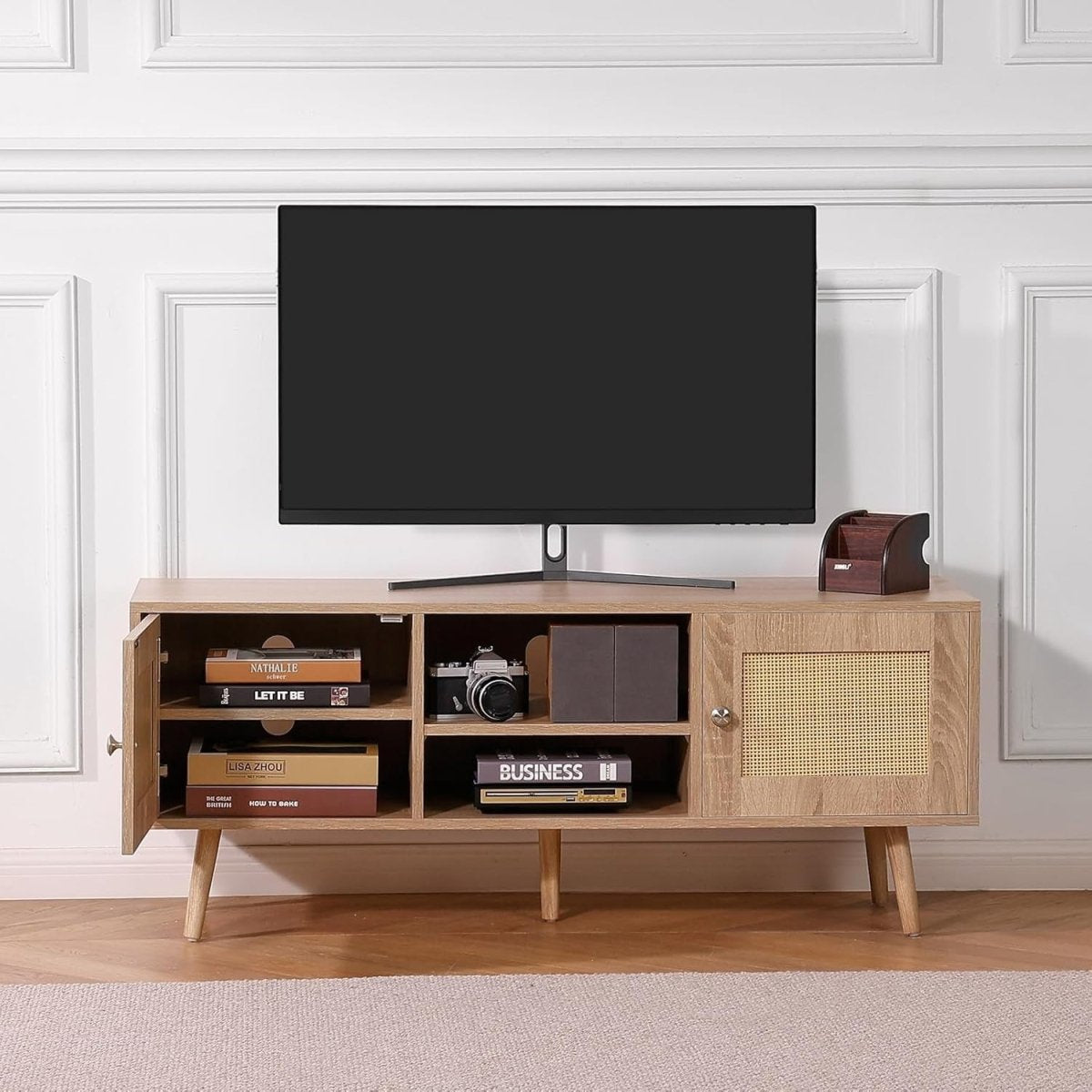 Rattan TV Stand 55" Mid Century Modern Oak Cabinet w/ Storage Shelves - Kwikley