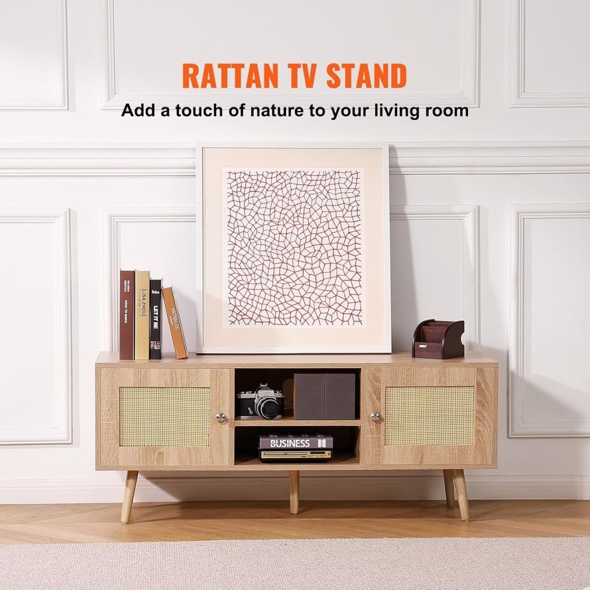 Rattan TV Stand 55" Mid Century Modern Oak Cabinet w/ Storage Shelves - Kwikley