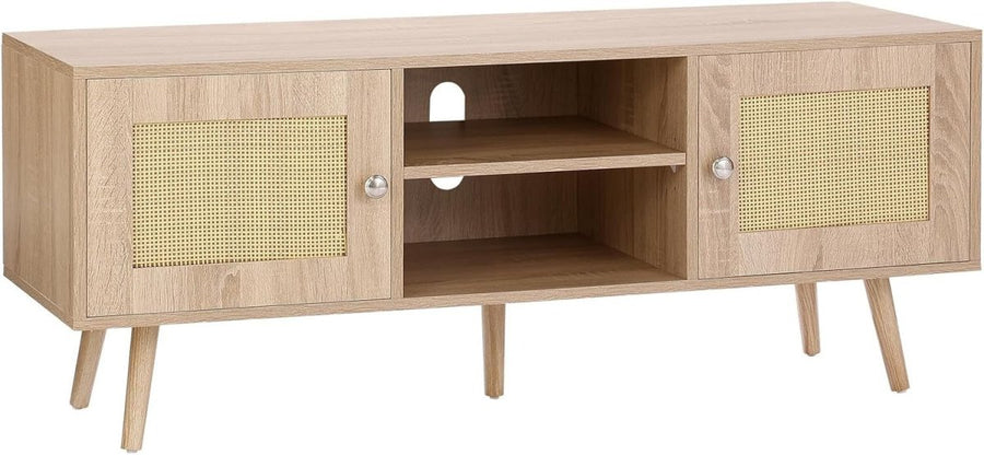 Rattan TV Stand 55" Mid Century Modern Oak Cabinet w/ Storage Shelves - Kwikley