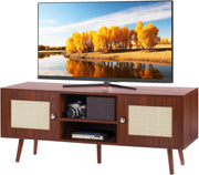 Rattan TV Stand 55” Mid Century Modern Unit Cabinet Retro Walnut Wood - Kwikley