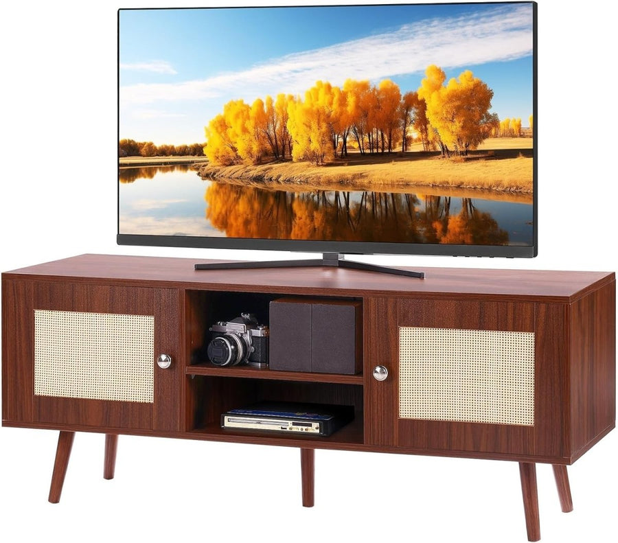 Rattan TV Stand 55” Mid Century Modern Unit Cabinet Retro Walnut Wood - Kwikley