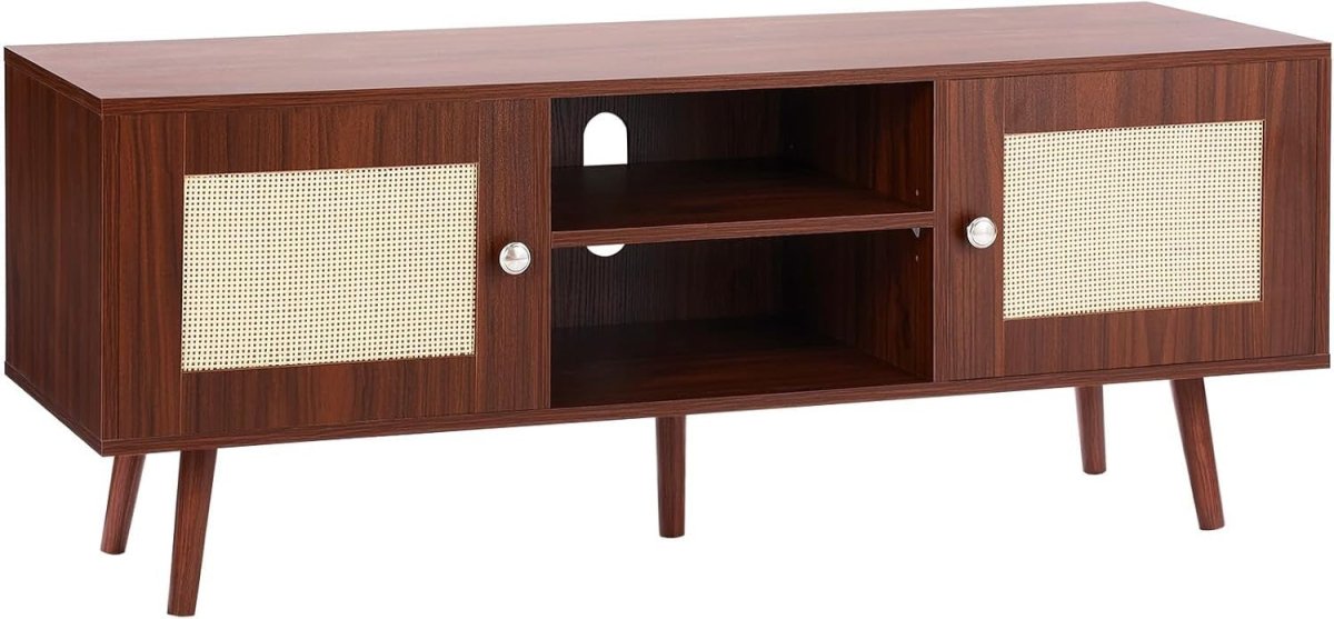 Rattan TV Stand 55” Mid Century Modern Unit Cabinet Retro Walnut Wood - Kwikley