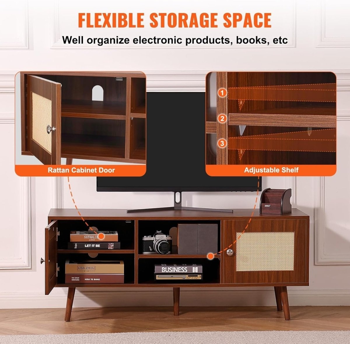 Rattan TV Stand 55” Mid Century Modern Unit Cabinet Retro Walnut Wood - Kwikley