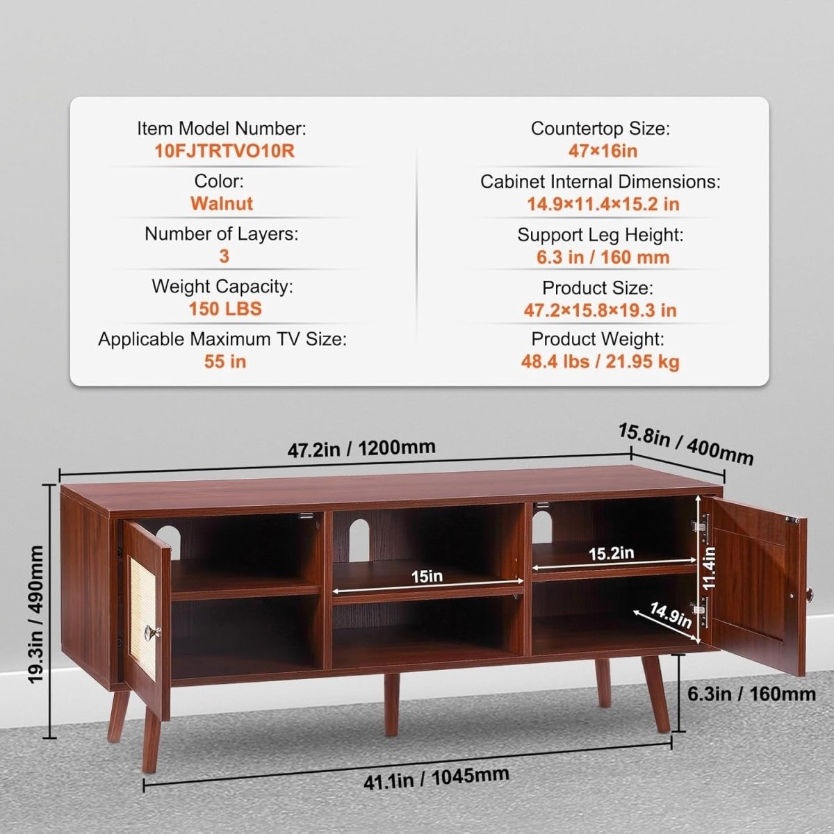 Rattan TV Stand 55” Mid Century Modern Unit Cabinet Retro Walnut Wood - Kwikley