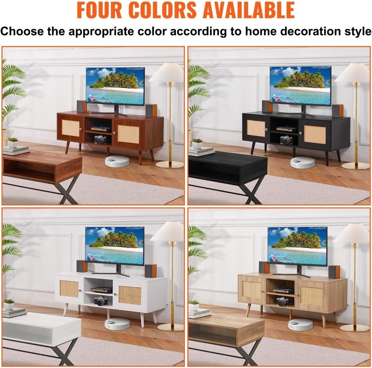 Rattan TV Stand 55” Mid Century Modern Unit Cabinet Retro Walnut Wood - Kwikley