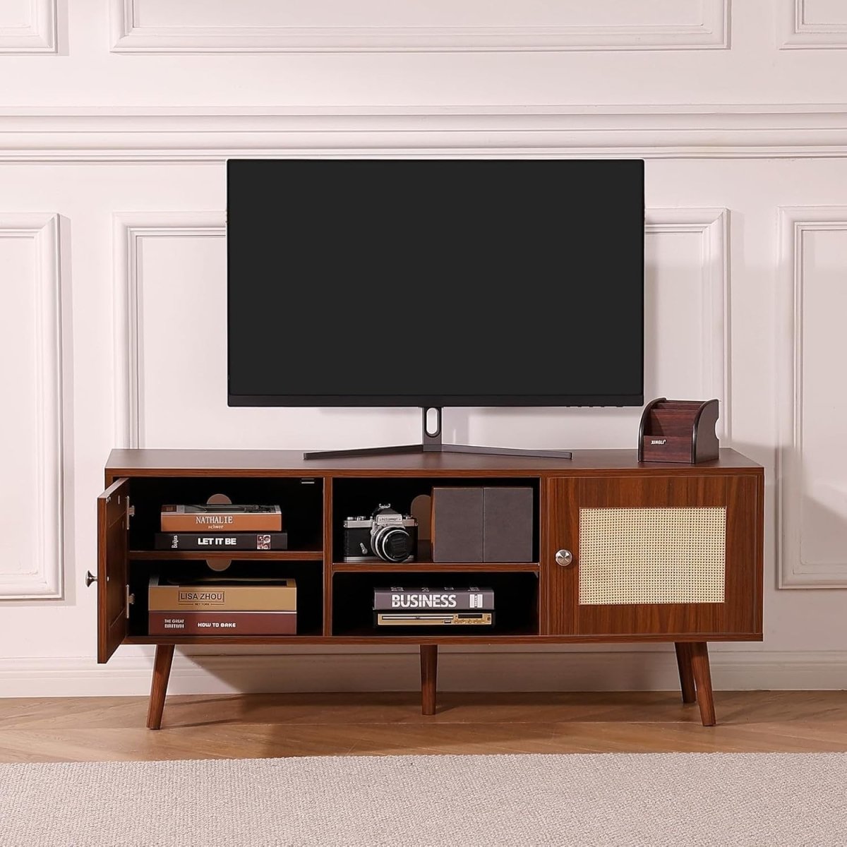 Rattan TV Stand 55” Mid Century Modern Unit Cabinet Retro Walnut Wood - Kwikley