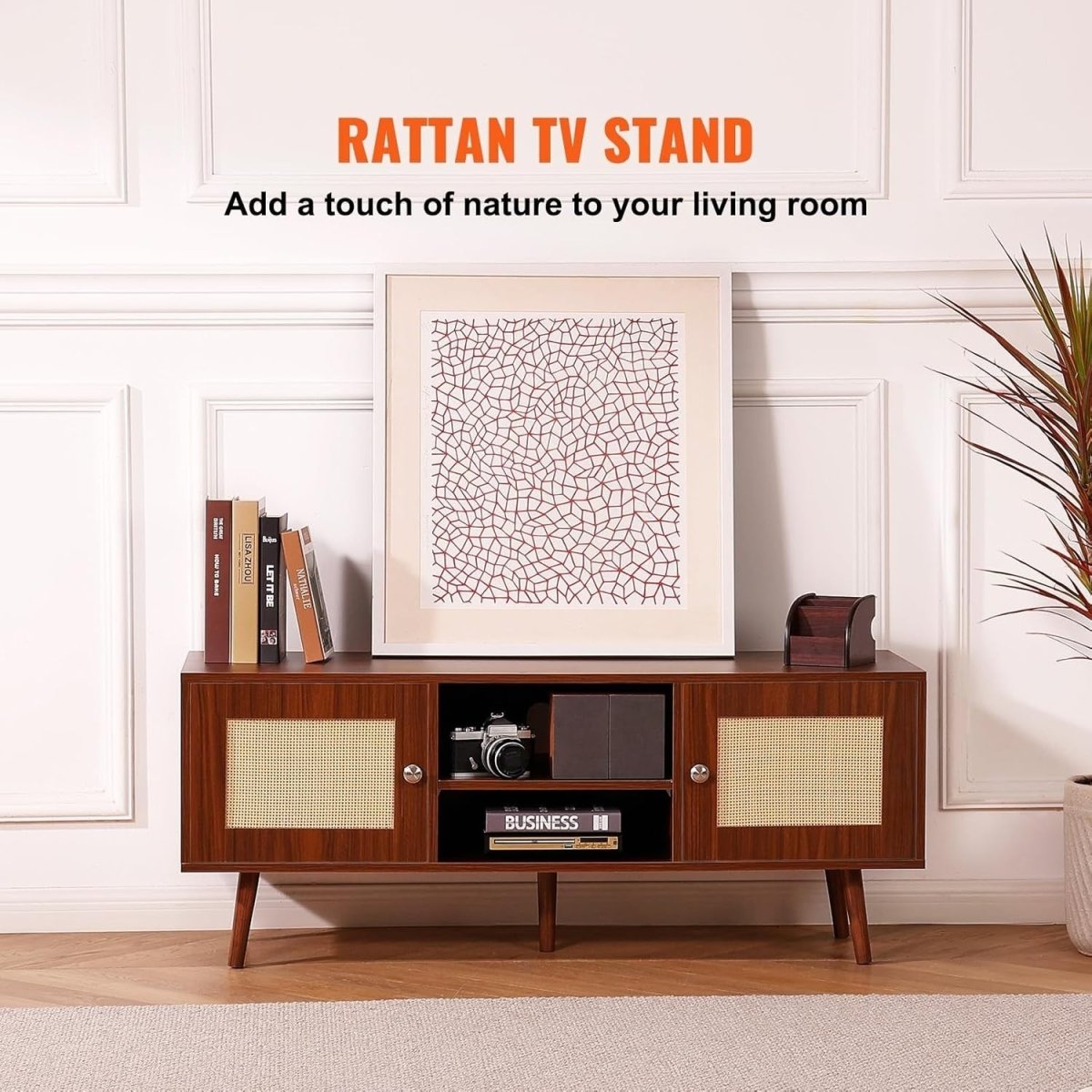 Rattan TV Stand 55” Mid Century Modern Unit Cabinet Retro Walnut Wood - Kwikley