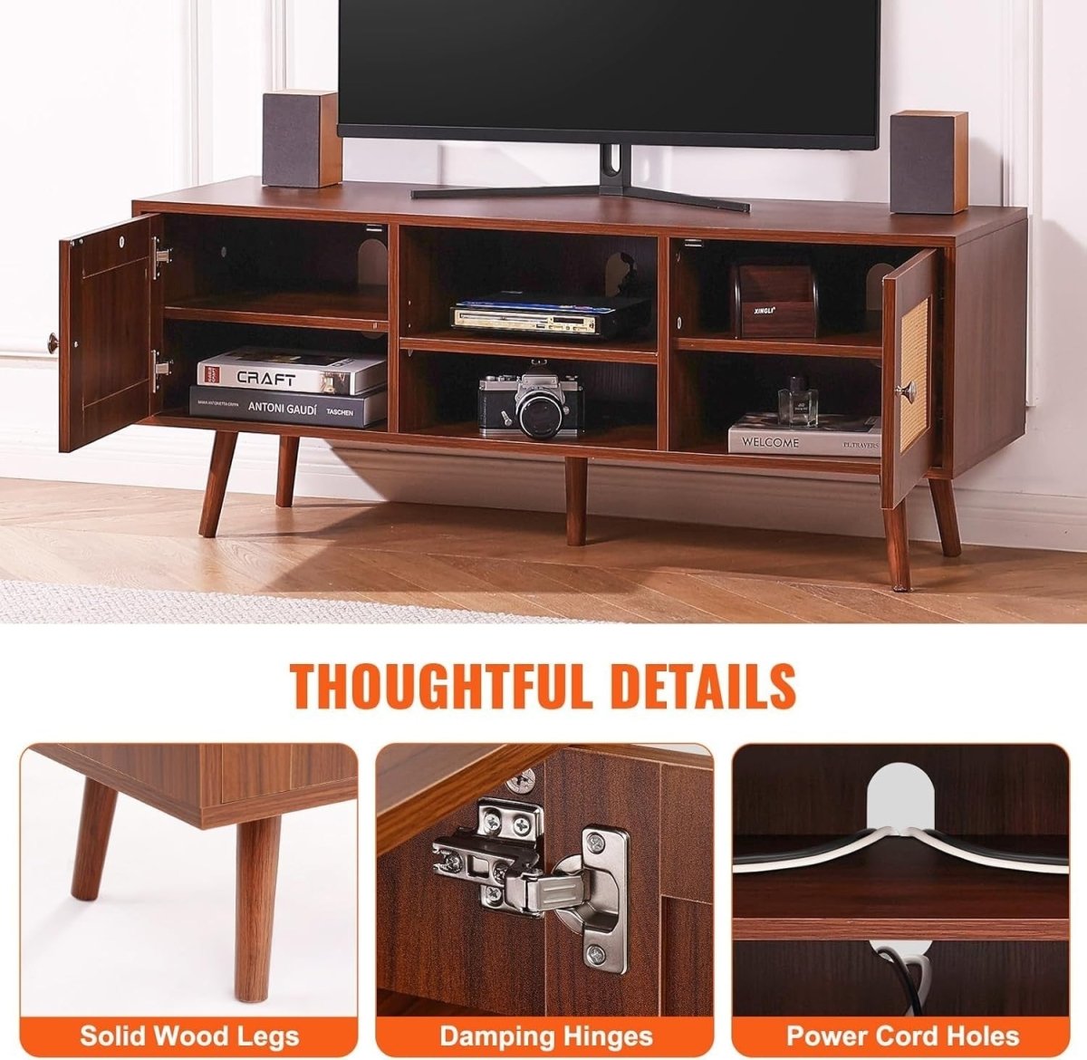 Rattan TV Stand 55” Mid Century Modern Unit Cabinet Retro Walnut Wood - Kwikley