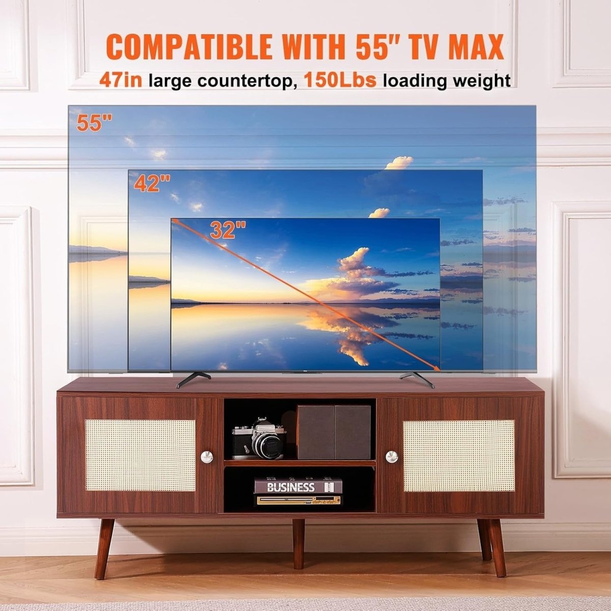 Rattan TV Stand 55” Mid Century Modern Unit Cabinet Retro Walnut Wood - Kwikley