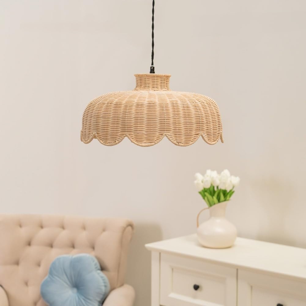 Rattan Wicker Ceiling Lamp Shade Easy Fit Scallop Boho 38cm LED - Kwikley