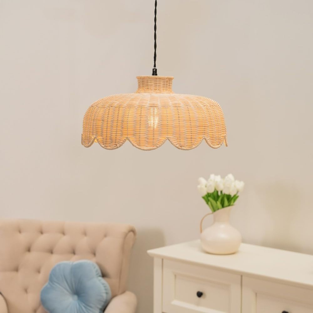 Rattan Wicker Ceiling Lamp Shade Easy Fit Scallop Boho 38cm LED - Kwikley