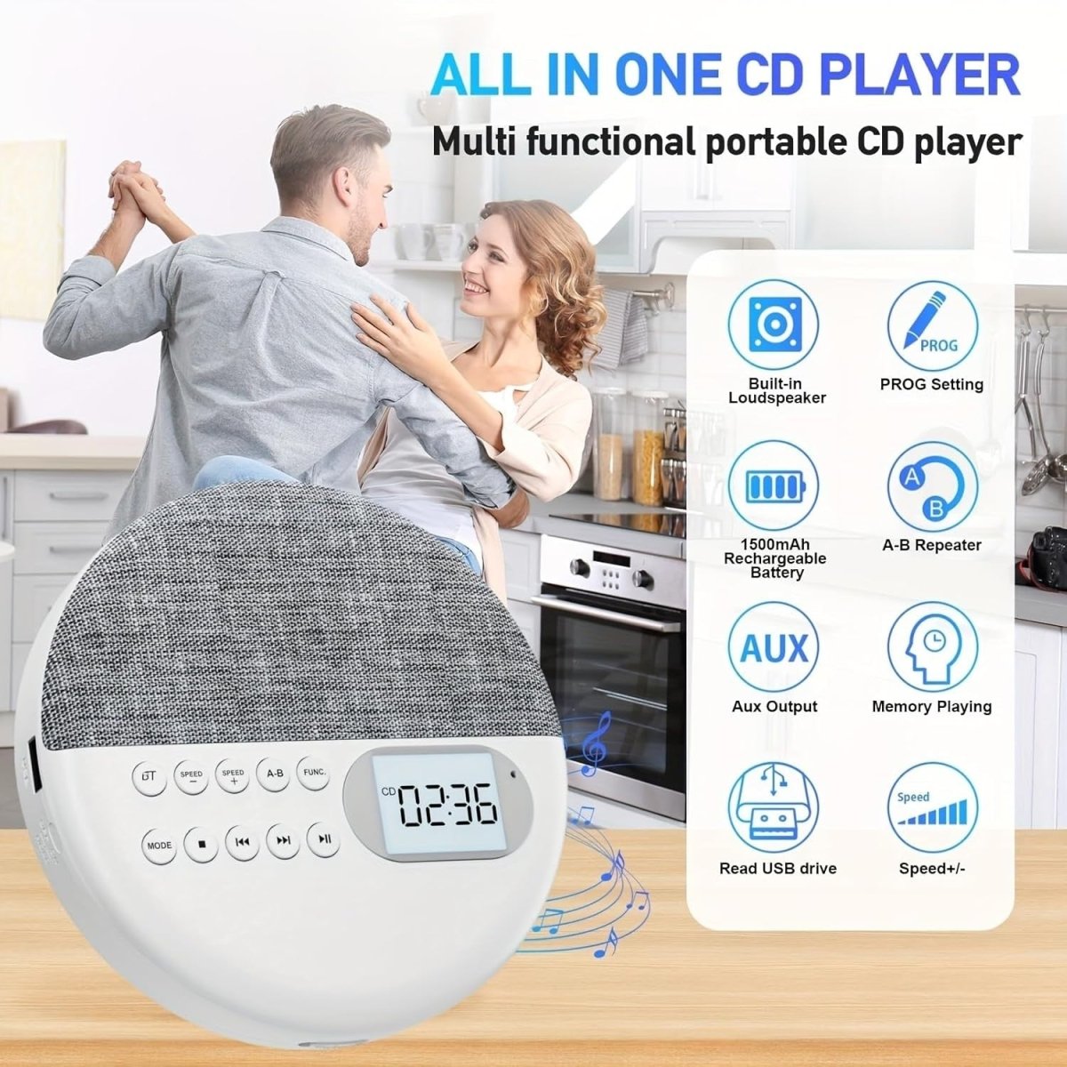 Rechargeable Portable CD Player Dual Speakers Anti Skip USB AUX LCD - Kwikley