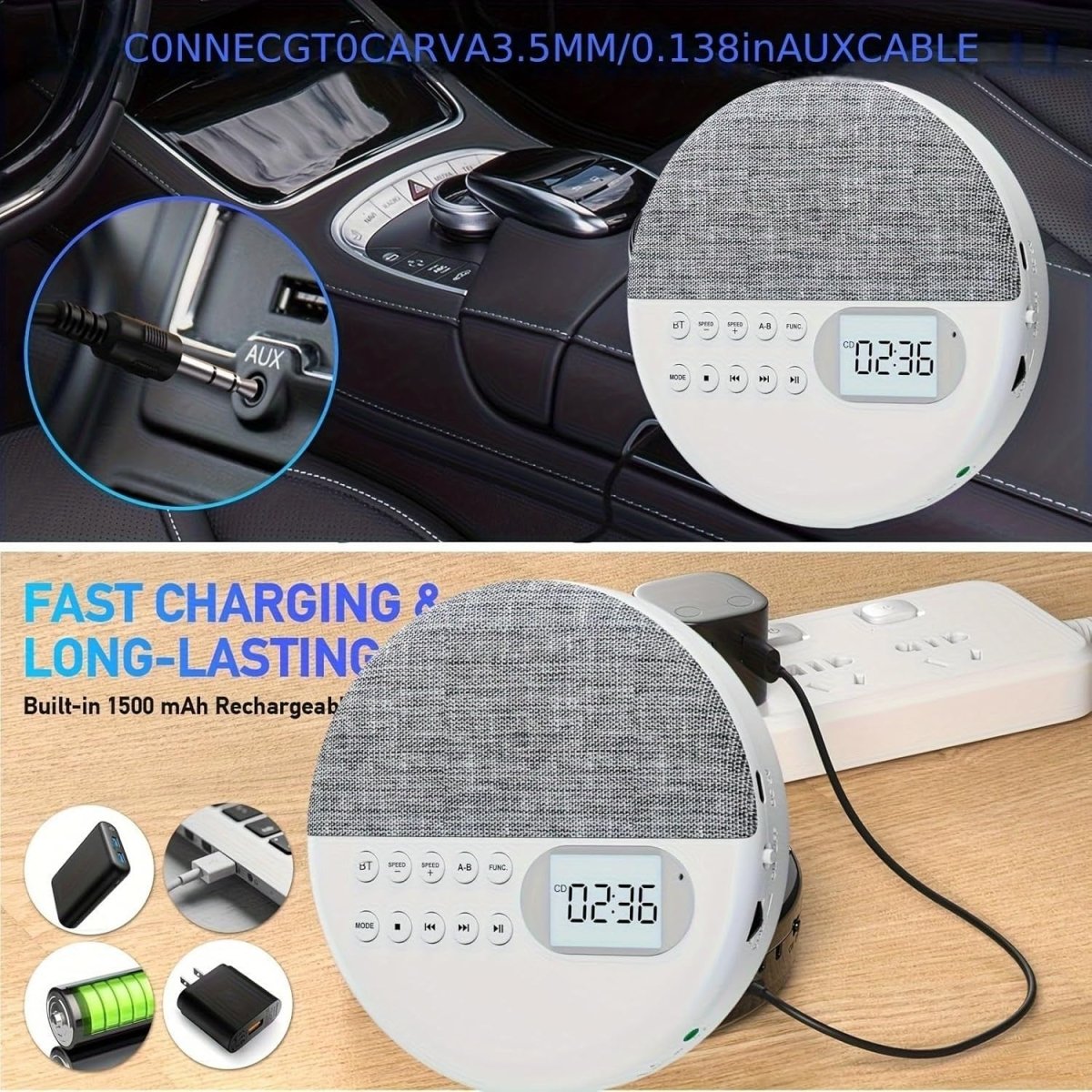 Rechargeable Portable CD Player Dual Speakers Anti Skip USB AUX LCD - Kwikley